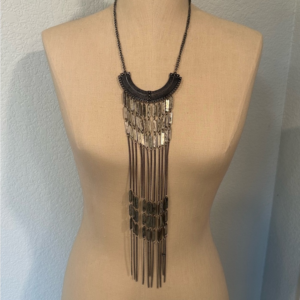 Boho Statement Bib Necklace - Antiqued Silver Long Fringe Tassel
